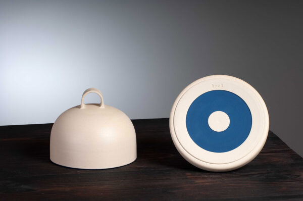 bottom view of Butter dish with navy rim